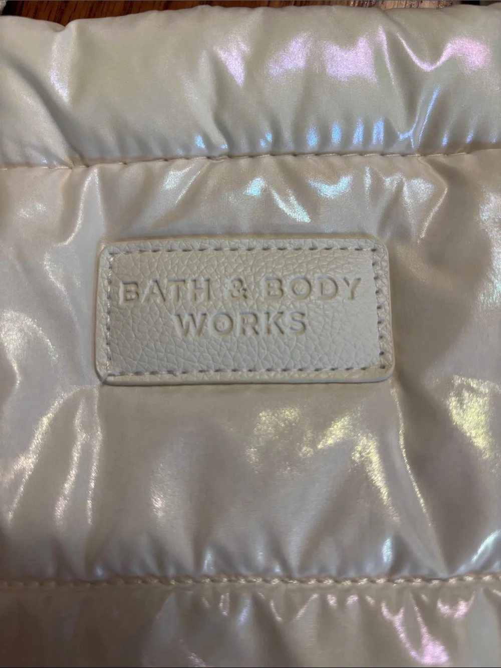 Bath and Bodyworks Iridescent White Puffer Tote Bag with Shoulder Straps.